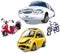 Vector set of cute old broken vehicles: limousine, old moped, broken bicycle, smashed car bug
