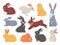 Vector set of cute rabbits in cartoon style. Bunny pet silhouette in different poses. Hare and rabbit colorful animals