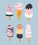 Vector set of cute simple ice creams on blue background. Collection of different ice cream with toppings.