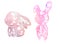 Vector set of cute watercolor decorated rabbits. Collection with cartoon pink hares with floral pattern and dye splashes. Folk art