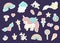 Vector set of cute watercolor style stickers with unicorns, rainbow, clouds, donuts, crown, crystals, hearts. Sweet girlish