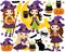 Vector Set with Cute Witches and Halloween Elements