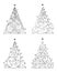 Vector set of decorated, outline, abstract, isolated Christmas trees in black color