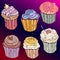 Vector set with decorated sweet cupcakes. on gradient red and pink background.Design elements for you visiting, booklet,