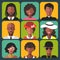 Vector set of different african american women and man app icons in trendy flat style.