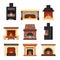 Vector set different colorful home fireplaces with fire and firewood isolated on white background. Design elements for