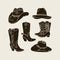 Vector Set of Different Cowboy Hats and Boots silhouette