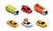Vector set of different isometric vehicles. Pizza delivery and sport car, taxi and heavy trucks. Transport theme