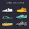 Vector set of different shoes icons in flat style. Footwear logos collection. Illustrations of boot, ked, sneacker etc.