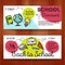 Vector set of discount coupons for stationary accessories. Colorful doodle style voucher templates. Back to school promo