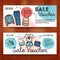 Vector set of discount coupons for woman clothes and accessories. Colorful doodle style voucher templates. Fashion store
