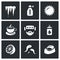 Vector Set of Disease Icons. Cooling, Temperature, Heat, Medicine, Headache, Nasal drop, Lemon, Leeches, Diarrhea.