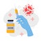 Vector set of doctor hand with medical glove holding syringe, bottle of vaccine COVID-19, defeated virus. Concept of vaccination