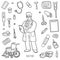 Vector set with doctor and medical objects. Black and white item