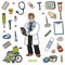 Vector set with doctor and medical objects. Colorful items