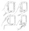 Vector set of doodle hands drawn human holding smart phone