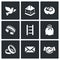 Vector Set of Dovecote Icons. Pigeon feeders, nest ring, shackles, stairs, sack, wedding, postal, friendship.