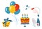 Vector set of elements for the holiday Dog s birthday. Decorative Set : balloons, champagne, glasses, cake, gift, hearts