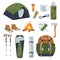 Vector set of elements for tourist camping or hiking. Summer camp with tent, fire, bag, sleeping bag, Nordic walking