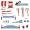 A vector set of equipment and hand tools for lumberjack and carpentry works.