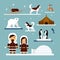 Vector set of eskimo characters with igloo house, dog, white bear and penguins. People in traditional eskimos costume