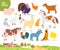 Vector set of farm animal: pig, chicken, cow, horse etc with cozy village landscape, house, garden, field. White background.