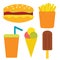 Vector set with fast food: cheeseburger, french fries, ice cream, soda.