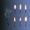 Vector set of fire, realistic candle flame and burned wick with smoke isolated on blue background