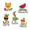 Vector set of five cool stickers, patches with food and summer symbols.