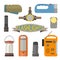 Vector set of flashlights in flat style. Design elements and icons on white background. Headlight, hand lamp