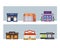 Vector set of flat buildings storefronts. Colorful and bright street with shops and lights in different style.