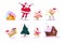 Vector set of flat Christmas elements - funny little pig elf in Santa hat, happy Santa Claus, ginger house, fir tree, set of gift