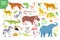 Vector set of flat hand drawn tropical animals, birds, reptiles, plants isolated on white background: tiger, zebra, koala, alligat