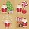 Vector set flat icon Santa Claus with gift box, pine tree, sack, candies, cookie, milk, fireplace