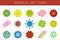 Vector set of flat icons of microscopic organisms, microbe, bacteria, virus, microorganism in cartoon style