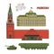 Vector set of flat illustrations of the historical attractions of Moscow, Russia. Modern weapons in the victory parade and archite