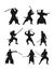 Vector set of flat samurai silhouettes isolated on a white background, simple design