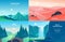 Vector set of flat summer landscape illustrations with desert, waterfall, mountains, sun, forest on blue clouded sky.