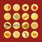 Vector set flat web icons with food. Drawn cartoon multicolored foodstuffs long shadow in round frame for internet, mobile apps,