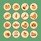 Vector set flat web icons with food. Drawn cartoon vintage foodstuffs long shadow in round frame for internet, mobile apps, inter