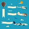Vector set of flying balloon, helicopter, airplane and retro biplane with advertising banners. Template for text.