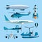 Vector set of flying transportation objects. Hot air balloon, rocket, helicopter, airplane, retro biplane. Design