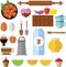 Vector set of food and dishes: mugs, rolling pin, vegetables, honey, dishes, milk