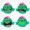 Vector set of four cartoon images of funny green zombies big heads with different actions