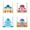 Vector set of four mosques. Arabic religion buildings. Cartoon illustrations set isolate on white background