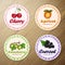 Vector set of four round labels, cherry, apricot, gooseberry, currant homemade jam on a wooden background