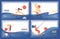 Vector set with four various banners or landing page templates with blue waves and sport women doing board exercises like surfers