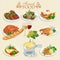Vector set of French cuisine. National food of France. Icons for menu