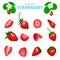 Vector set of a fresh red strawberry. Berry cut, piece of half slice leaves, flower. Collection of ripe strawberry