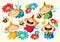 Vector set of funny cartoon colorful fairies, flowers and funny bee